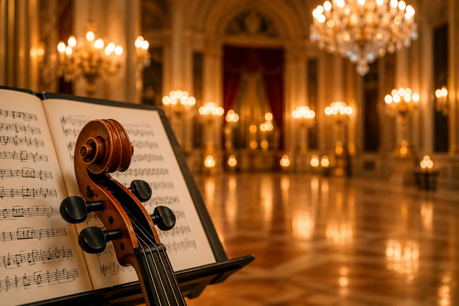 Klassische Violine liegt spielbereit auf aufgeschlagenen Notenblättern für ein Konzert oder eine Hochzeitszeremonie.