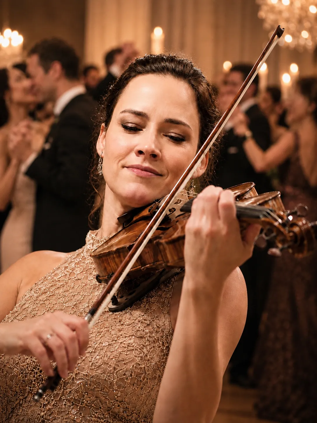 Geigerin Maja Music konzentriert beim Violinenspiel mit Geige und Bogen während eines Events.