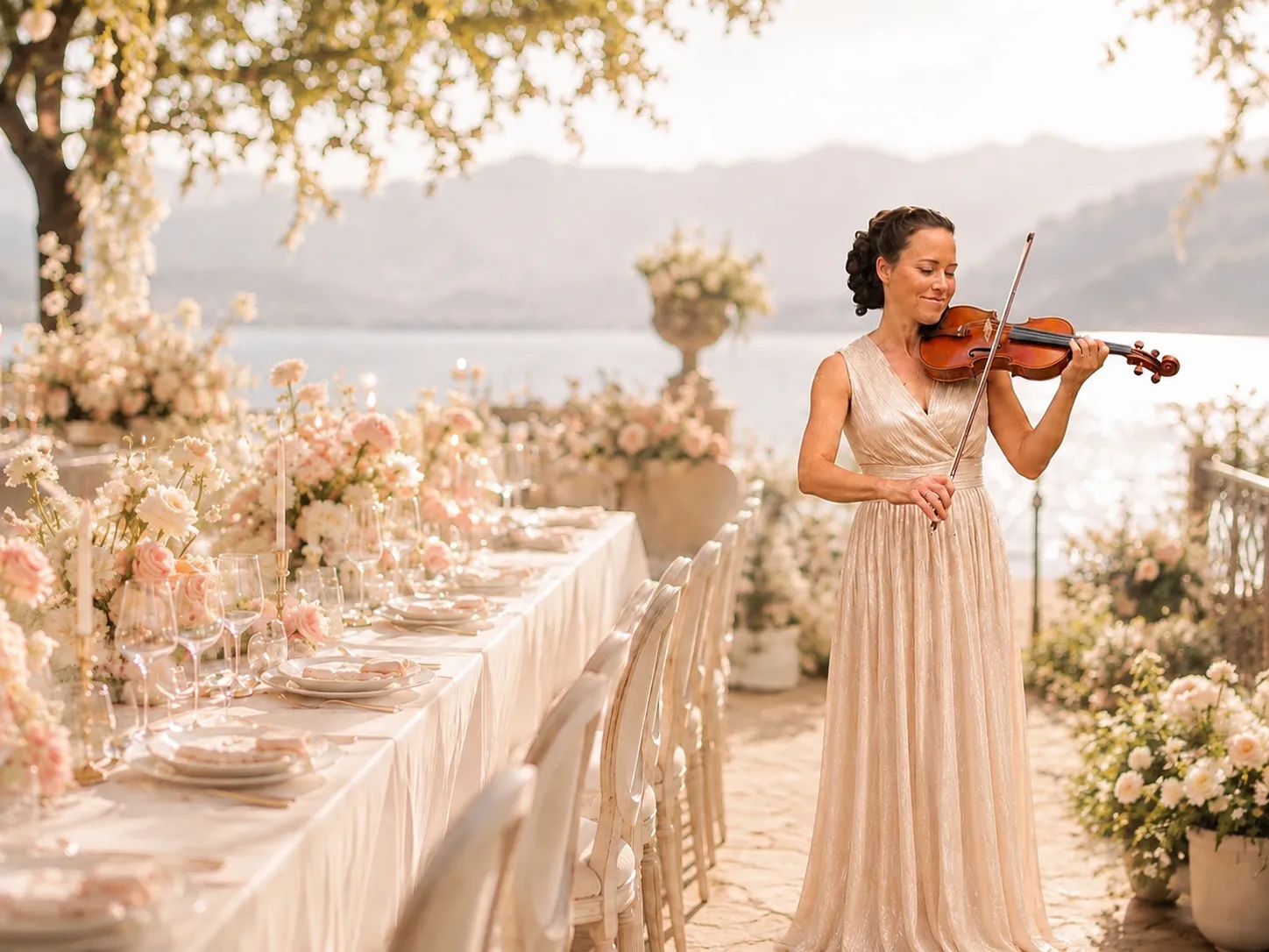 Musikerin spielt Geige. Links von ihr ist ein gedeckter Hochzeitstisch. Im Hintergrund sieht man einen See und Berge.