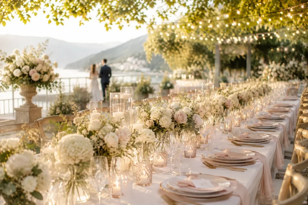 Stilvoll gedeckter runder Hochzeitstisch im Freien unter Bäumen bei sommerlicher Atmosphäre
