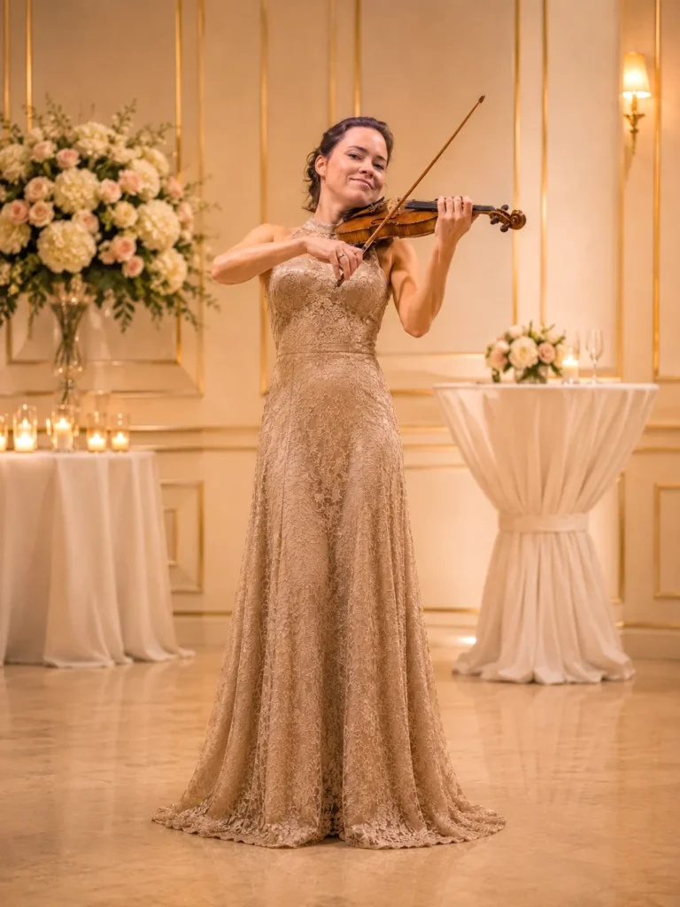 Professionelle Geigerin Maja Music spielt Solo-Violine bei einer festlichen Hochzeit oder Gala in einem eleganten Saal in Wien.