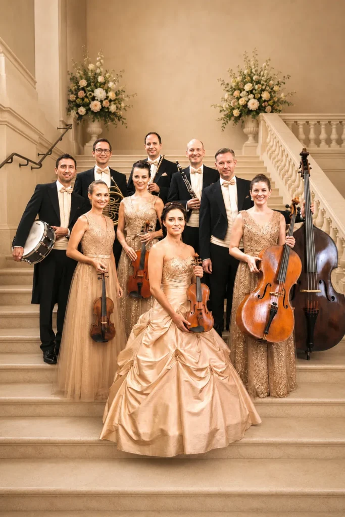 Das Sisi Salon Ensemble in prachtvoller Abendkleidung mit klassischen Musikinstrumenten auf einer historischen Freitreppe.