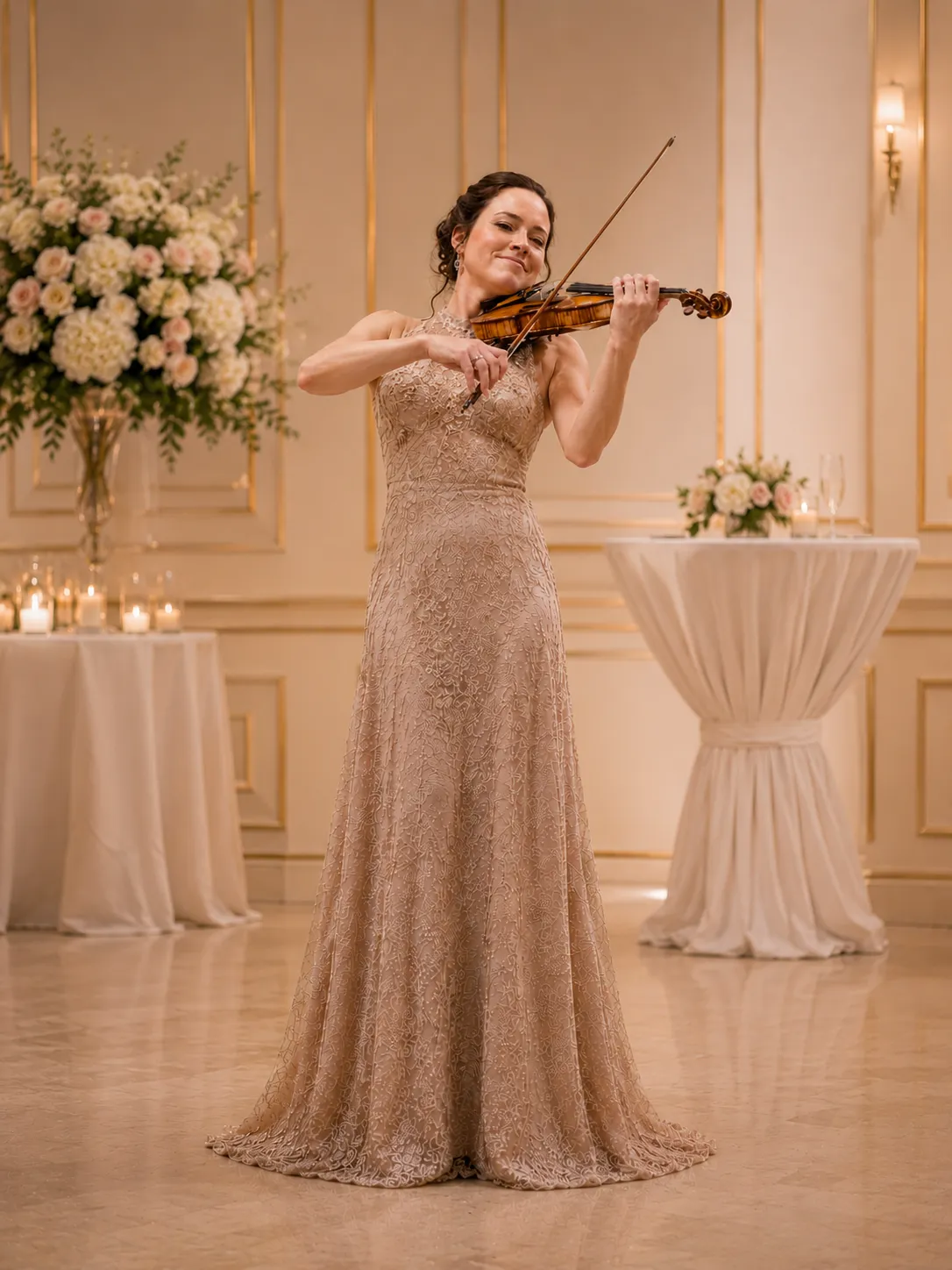 Maja Music im eleganten Abendkleid spielt Violine bei einer exklusiven Festveranstaltung im festlich beleuchteten Saal.