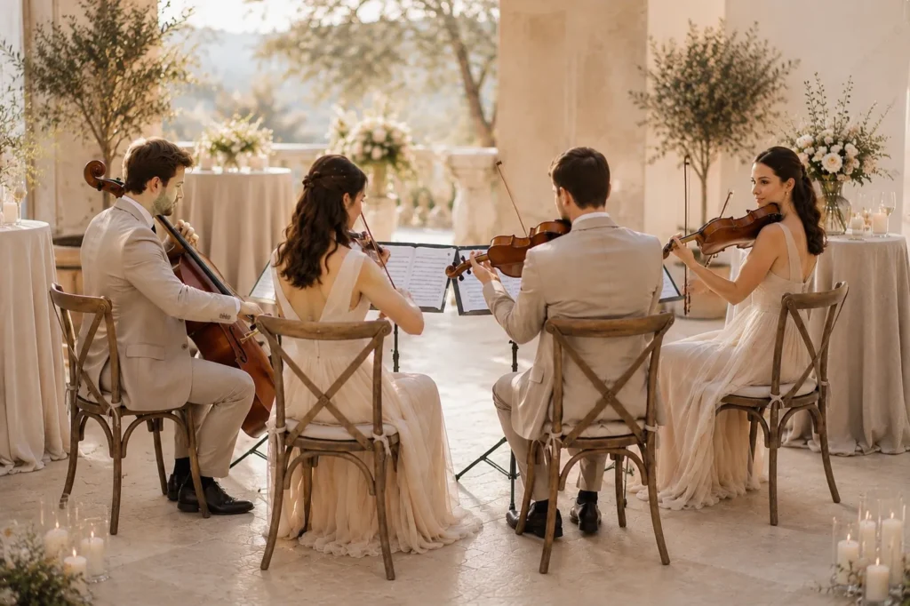 Ein professionelles Streichquartett spielt Live-Musik an einem festlich dekorierten Tisch bei einer Hochzeit im Freien